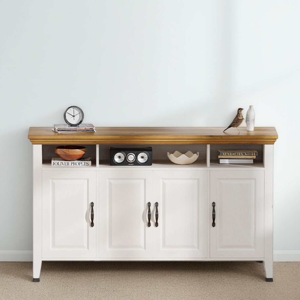 Marsail 55" Buffet Cabinet with Storage, Farmhouse Kitchen Sideboard Cabinet w/4 Doors & Shelves, Coffee Bar Buffet Table for Dining Room, Brown White Marsail