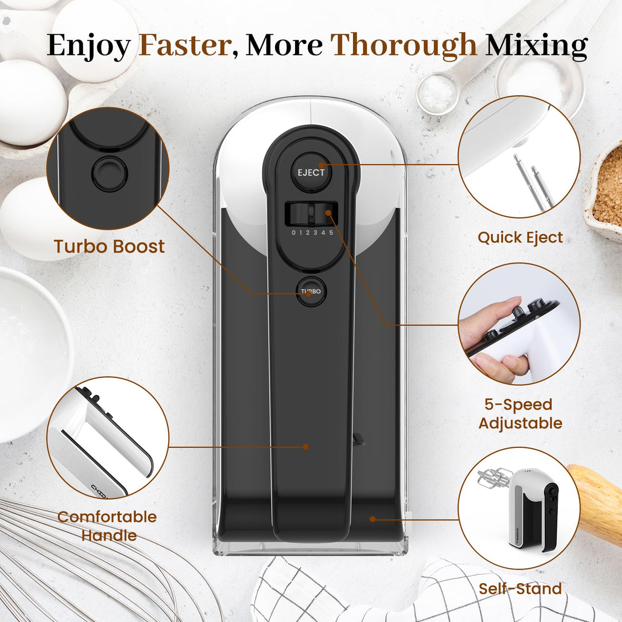 5-Speed Electric Hand Mixer, 800W Handheld Mixer with Turbo for Baking & Cooking, Kitchen Food Mixer with Storage Case & 5 Stainless Steel Attachments (2 Beaters, 2 Dough Hooks, 2 Whisks)-White CHIDOLL