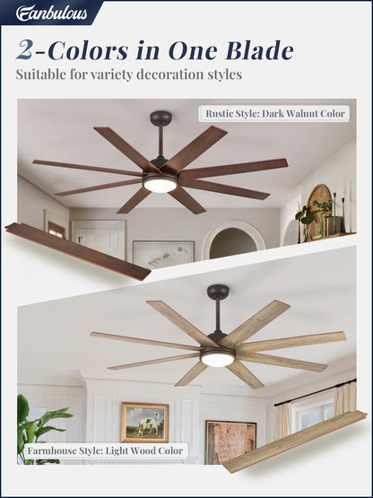 Fanbulous 65 Inch Ceiling Fans with Lights and Remote, Walnut Indoor/Outdoor Ceiling Fan with Quiet Reversible DC Motor, 6 Speeds, 3CCT, 8 Blades Large Ceiling Fan for Living Room Bedroom Pat - WoodArtSupply