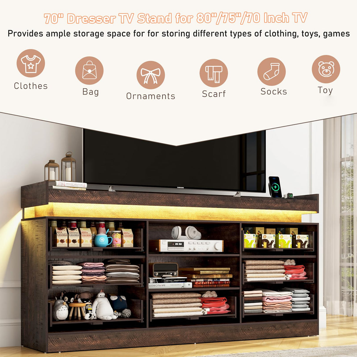 70"W Large Drawers Dresser,Tall Farmhouse 7 Drawers Dresser for Bedroom +2 Open Storage Shelves,with LED Light and Power Outlets,Wide Wood 7 Chests of Drawers for Closet for Bedroom(Antique Brown) chartustriable