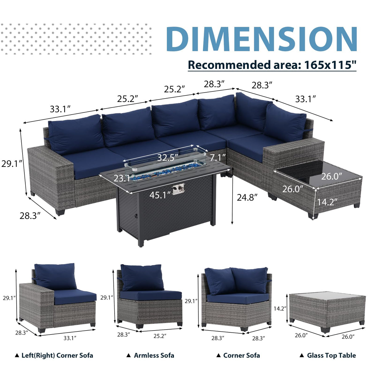 JOIVI 7 Pieces Outdoor Patio Furniture Set with 45” 50000BTU Fire Pit Table, Rattan Patio Conversation Set with Coffee Table, L-Shaped Sectional Sofa and Propane Fire Pit Set, Navy Blue JOIVI