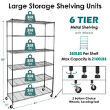 WDT 6 Tier Shelf Shelving Unit with Wheels,Adjustable Metal Shelves for Storage, NSF Black Wire Shelving Rack, 2100Lbs Capacity Heavy Duty Shelving Storage Shelves for Kitchen Garage,47" Dx17 Wx80 H WDT