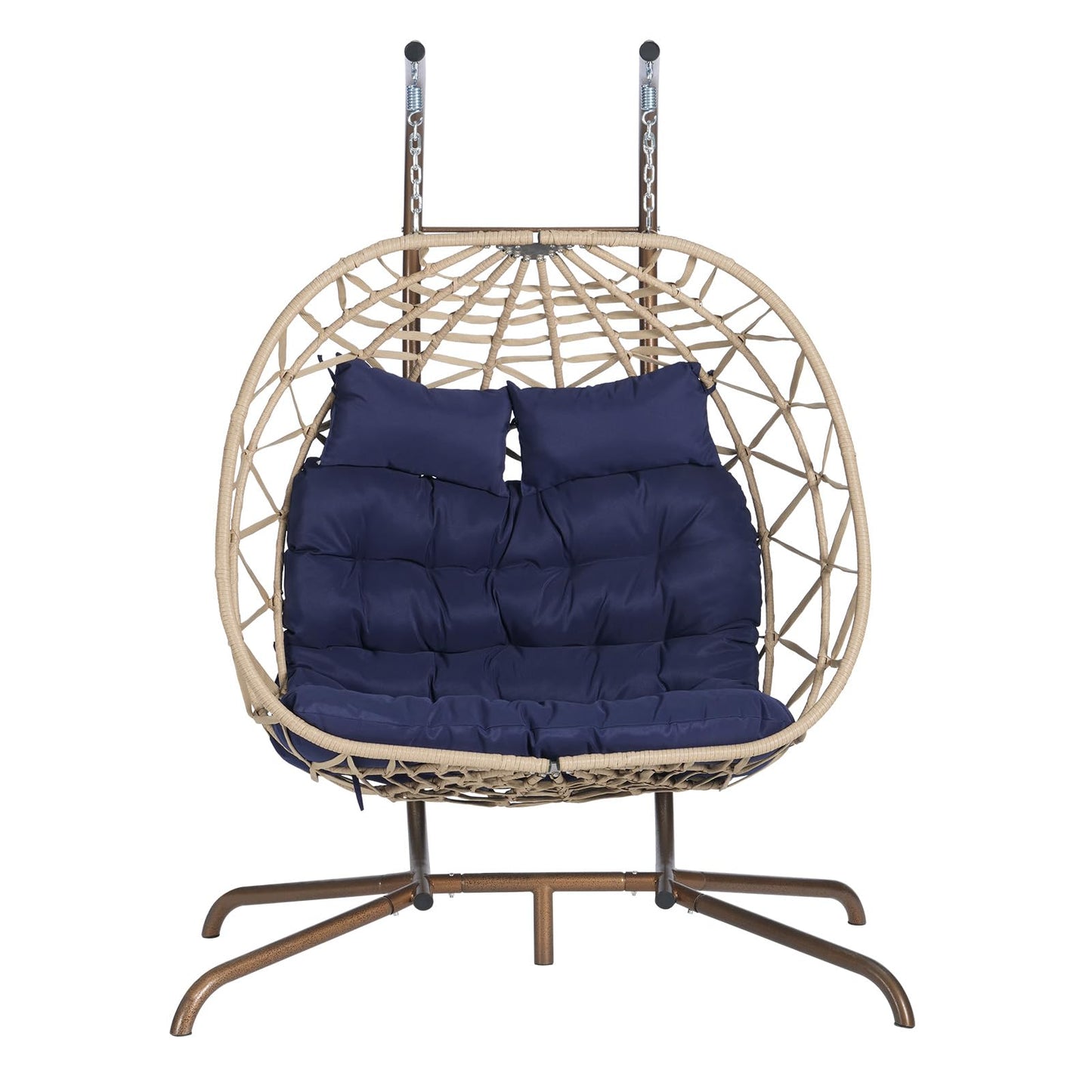 Brafab Double Rattan Swing Egg Chair with Stand, Oversized 2 Person Wicker Hanging Egg Chair for Indoor/Outdoor, Basket Hammock Chair with UV Resistant Cushion, 600 lbs Capacity, Blue