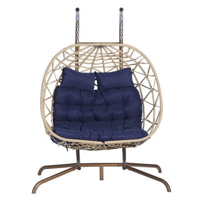 Brafab Double Rattan Swing Egg Chair with Stand, Oversized 2 Person Wicker Hanging Egg Chair for Indoor/Outdoor, Basket Hammock Chair with UV Resistant Cushion, 600 lbs Capacity, Blue