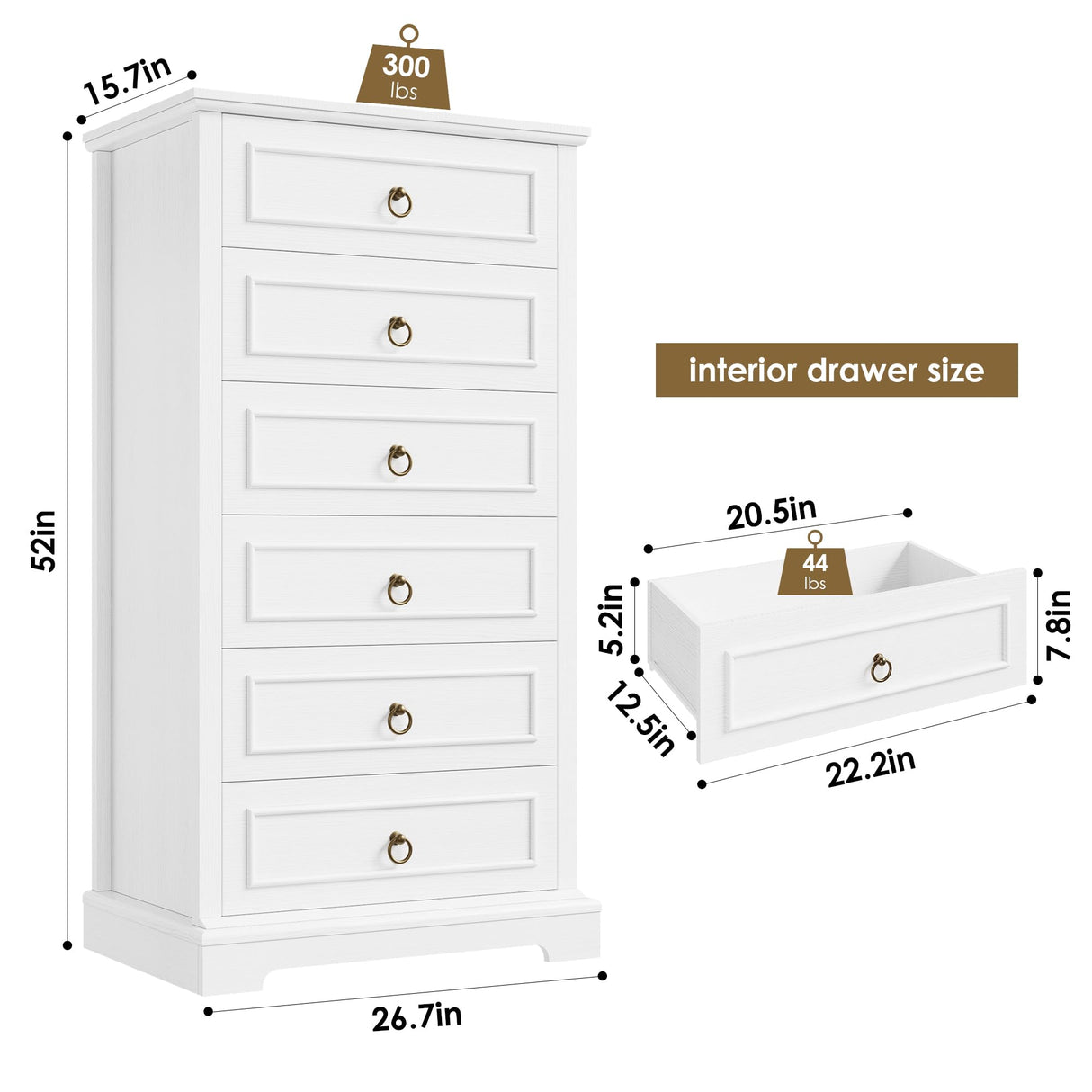HOSTACK White Dresser for Bedroom, 52" Tall Dresser, Vertical 6 Drawer Dresser, Modern Farmhouse Chest of Drawers, Wood Closet Dresser Storage Dresser Chest for Living Room, Hallway, Entryway HOSTACK