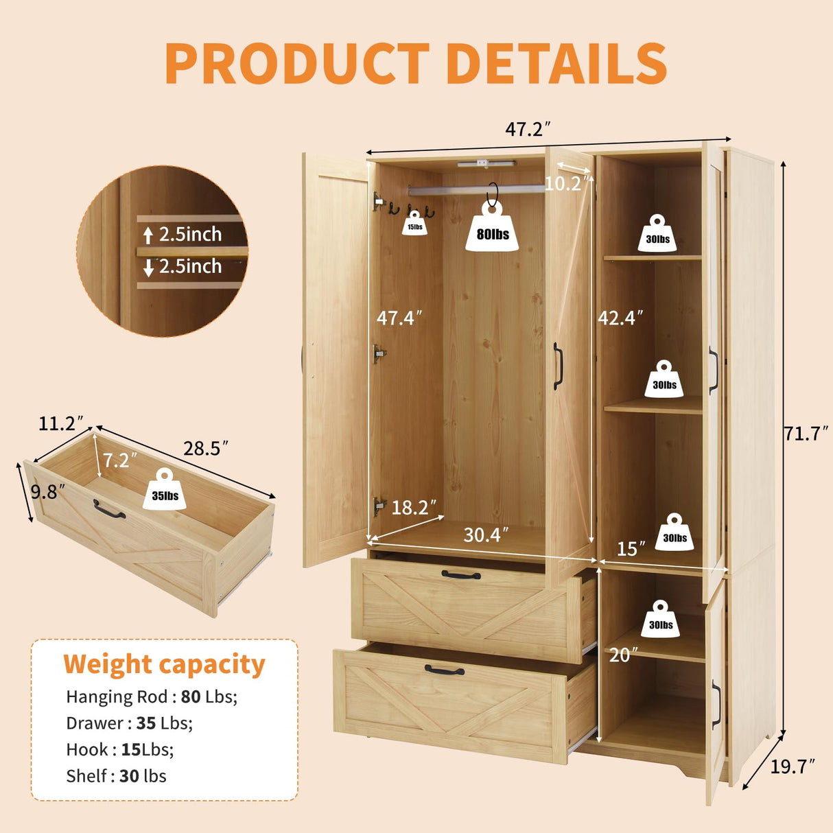 CORAZAZA 72" Armoire Wardrobe Closet with Mirror Door,3 Doors Farmhouse Bedroom Armoire with Drawers and Adjustable Shelves,Wooden Armoire Wardrobe Closet with Hanging Rod for Bedroom(Natural) CORAZAZA