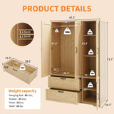 CORAZAZA 72" Armoire Wardrobe Closet with Mirror Door,3 Doors Farmhouse Bedroom Armoire with Drawers and Adjustable Shelves,Wooden Armoire Wardrobe Closet with Hanging Rod for Bedroom(Natural) CORAZAZA