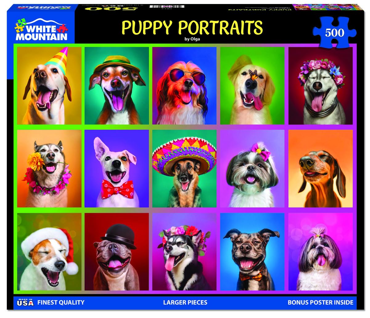 White Mountain Puzzles - Puppy Portraits - 500 Piece Jigsaw Puzzle White Mountain