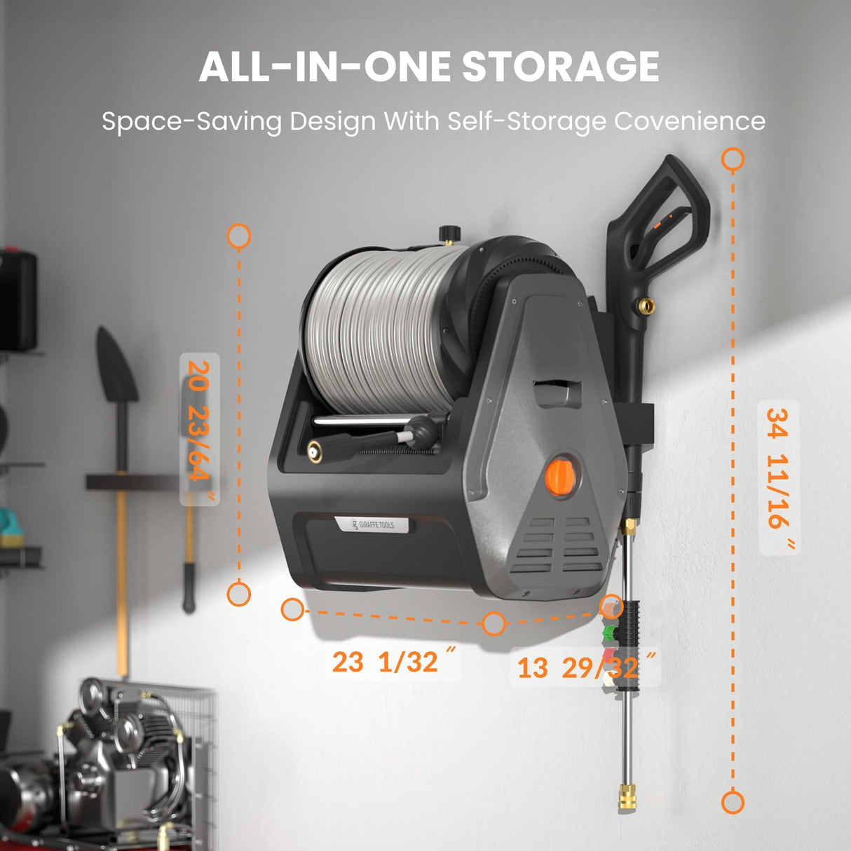 Giraffe Tools Grandfalls Pressure Washer Plus+, Electric Wall Mount Power Washer with 100FT Ultra-Soft Pressure Hoses, 2400PSI, 2.0GPM, 4 Nozzles, Foam Cannon for Cars/Patios, Dark Silver Giraffe Tools