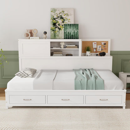 Giantex White Twin Daybed with 3 Storage Drawers, Cork Board & Sliding Door - WoodArtSupply