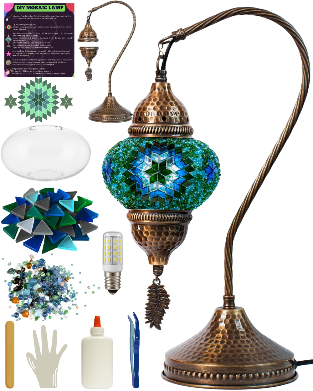 DEMMEX DIY Turkish Mosaic Lamp Making Kit – No Grout Needed – Fun, Easy, No Experience Required – Complete Mosaic Art & Craft Project Kit for Adults & Teens – Make Your Own Table Lamp (Turquoise) DEMMEX