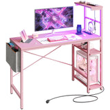 Bestier Pink Gaming Desk with Power Outlets, 44 Inch Led Gamer Desk with 4 Tiers Reversible Shelves, Pink Computer Desk with Headset Hook & Side Storage Bag for Bedroom (Pink 3D Carbon Fiber) Bestier