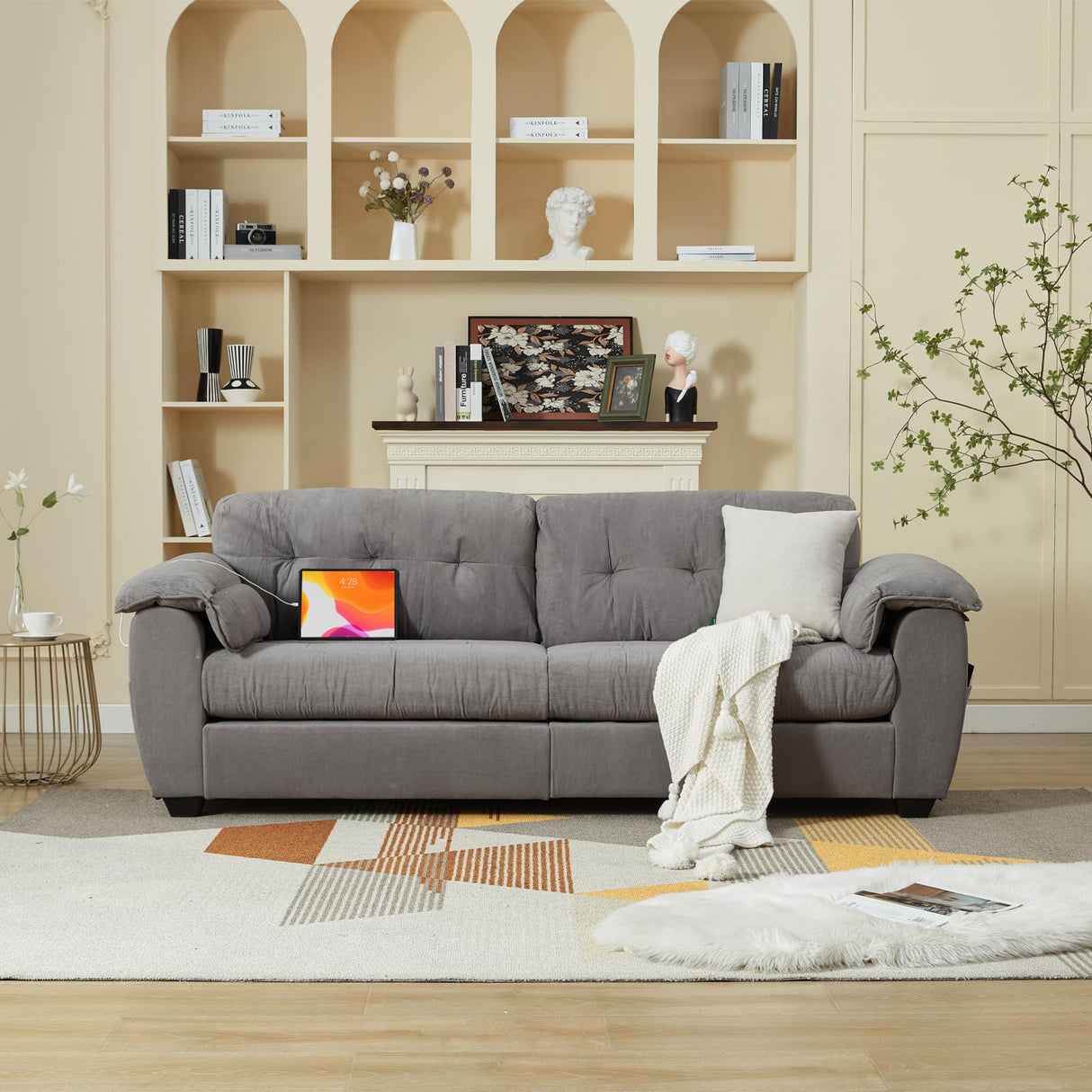 TYBOATLE Sofa Couches for Living Room, Mid-Century Modern Comfy Tufted Upholstered 87" W Loveseat w/ 2 USB Charger & Side Pocket, 2/3 Seater Cloud Couch Sofas for Apartment Bedroom Office (Dark Grey) TYBOATLE