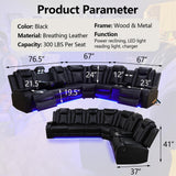 JBXBER Power Recliner Sectional Sofa Set with LED Lights, Leather Reclining Sectional Couch Sets with USB Ports, Cup Holders, Storage Console, L-Shaped Home Theater Seating for Living Room(Black) JBXBER