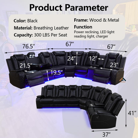 JBXBER Power Recliner Sectional Sofa Set with LED Lights, Leather Reclining Sectional Couch Sets with USB Ports, Cup Holders, Storage Console, L-Shaped Home Theater Seating for Living Room(Black) JBXBER