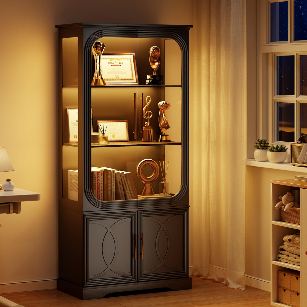 Lareth Display Cabinet with Glass Doors, 69 in Tall Bookcase with LED Lights, Curio Storage Cabinet|Kitchen Pantry Cabinet, 5 Tier Glass Display Case for Living Room, Home Office, Black Lareth