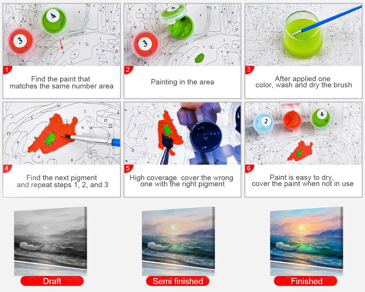 TUMOVO Paint by Numbers Kit for Adults Morning on Sea Wave Paint by Numbers for Adults Seaside Landscape Adult Paint by Number Kits on Canvas Oil Painting Art Crafts 16x20 in TUMOVO