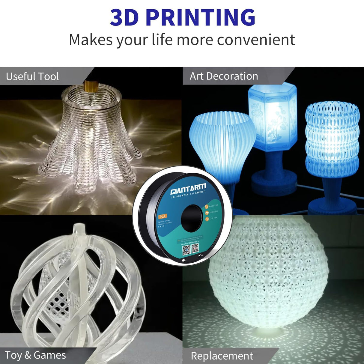 GIANTARM Clear PLA Filament, 1.75mm Transparent PLA 1kg Spool (2.2lbs), 3D Printer Filament with Vacuum Packaging GIANTARM