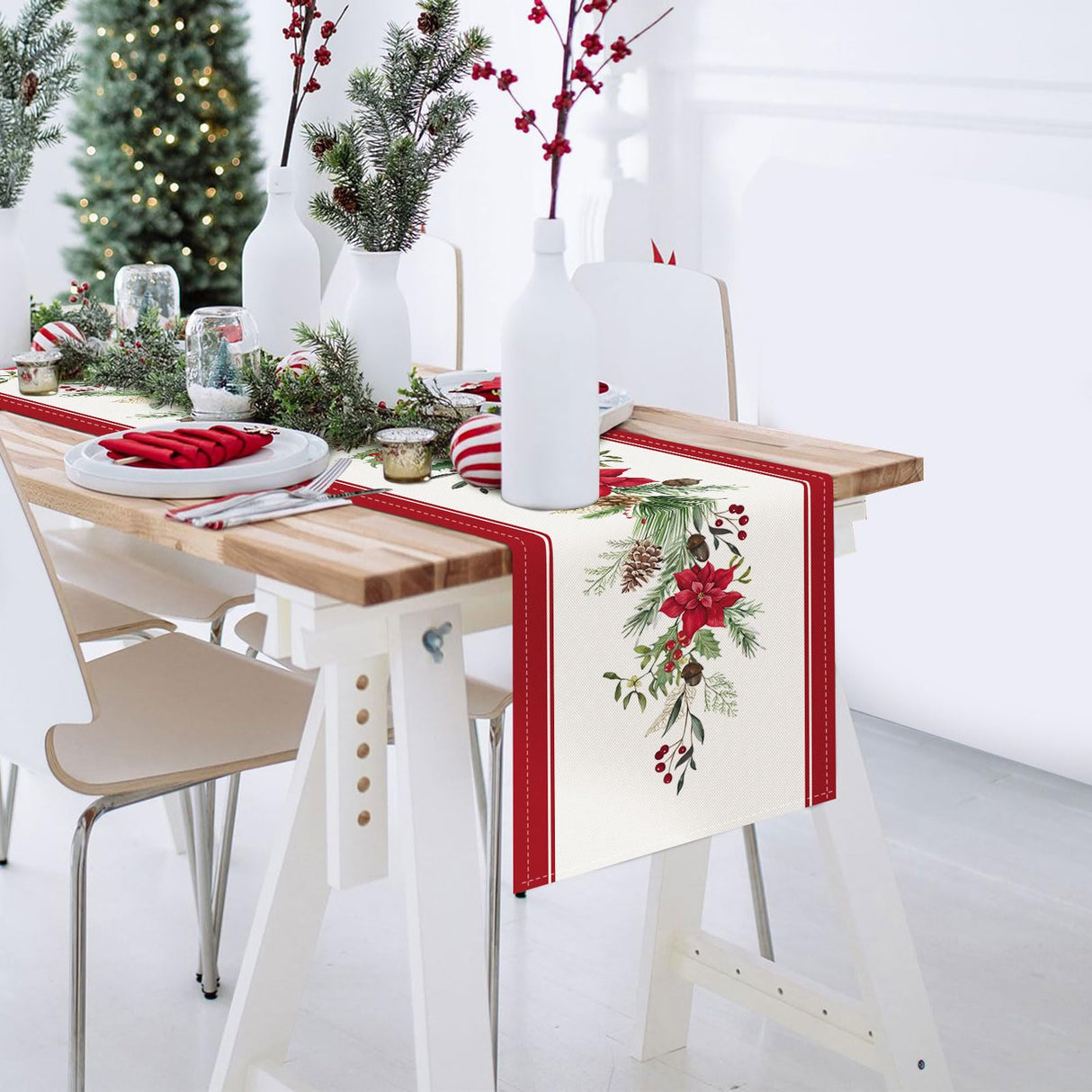 Bonhause Christmas Poinsettia Table Runner 13x72 Inch Red Floral Pine Branch Seasonal Winter Holiday Kitchen Dining Table Decoration for Indoor Outdoor Home Party Decor Bonhause