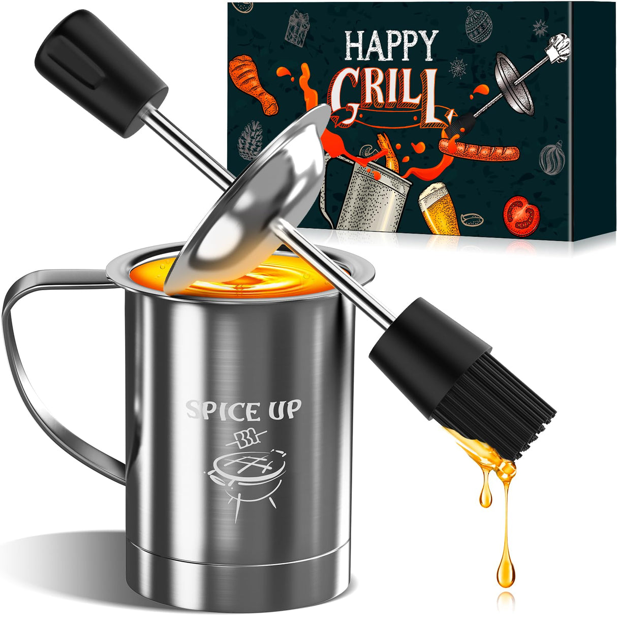 Grilling Accessories Men Women Gifts - BBQ Baster Brush and Sauce Basting Pot Set Christmas Stocking Stuffers Birthday Dad Mom Son Husband Chef Tools Smoker Unique Cooking Gadgets Kitchen Essentials LONGESISM