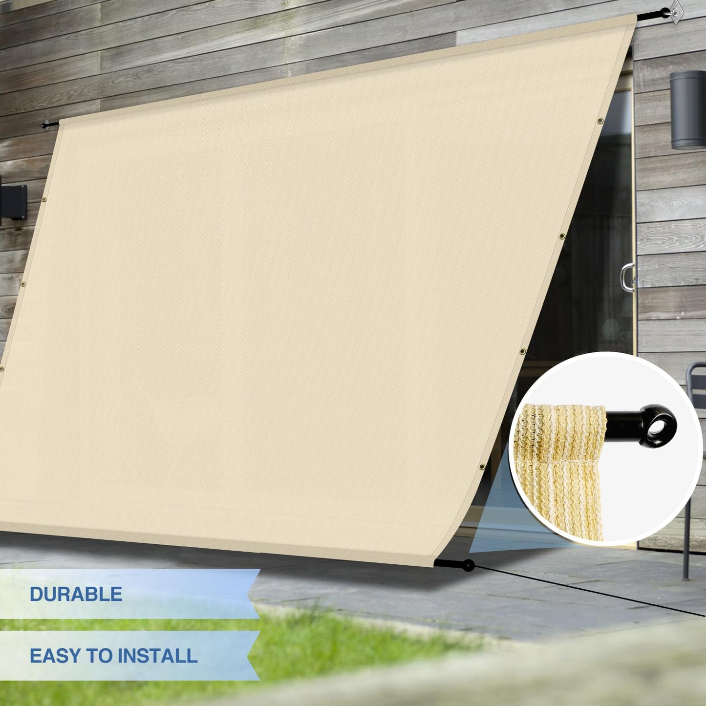 E&K Sunrise 8’x16’ Outdoor Shade Canopy Cover with Grommets Weighted Rods Sun Shade Cover UV Block for Pergola Patio Deck Backyard (Beige)