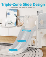 Babytronic Toddler Slide, 8 in 1 Kids Slide with Basketball Hoop, Telescope and Climber, Baby Slide Toddler Playground, Indoor Outdoor Playset for Toddlers Age 1-3, Kids Indoor Playground (White&Gray) Babytronic