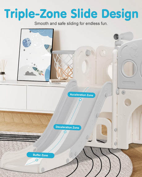 Babytronic Toddler Slide, 8 in 1 Kids Slide with Basketball Hoop, Telescope and Climber, Baby Slide Toddler Playground, Indoor Outdoor Playset for Toddlers Age 1-3, Kids Indoor Playground (White&Gray) Babytronic