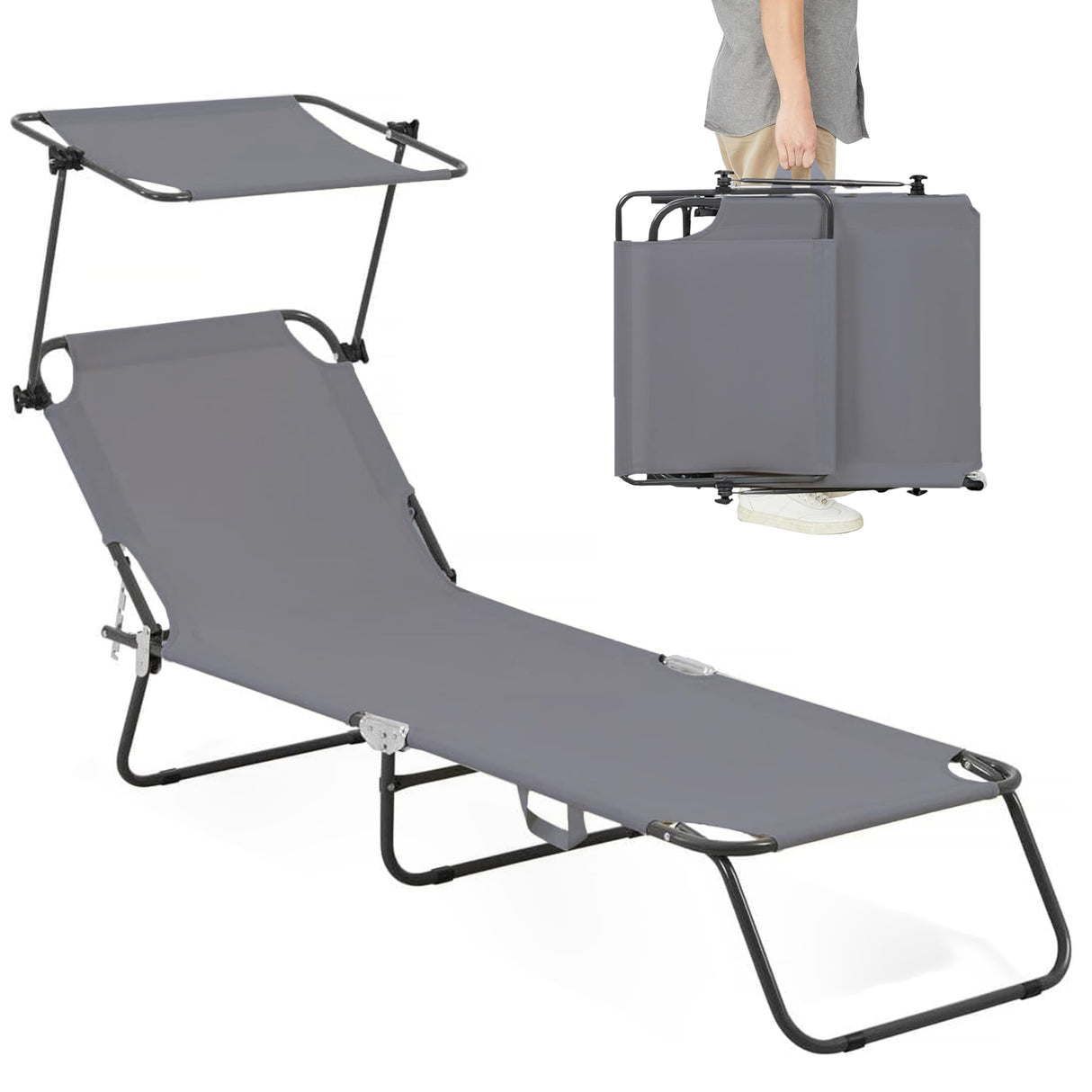 Folding Outdoor Lounge Chair with Canopy - Portable & Adjustable Beach Lounge Chair - 5-Positions, Carry Handles, 600D Fabric, 265 lbs Capacity – Tanning Chaise Lounge for Beach, Patio, Lawn ComfySure