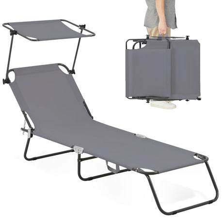 Folding Outdoor Lounge Chair with Canopy - Portable & Adjustable Beach Lounge Chair - 5-Positions, Carry Handles, 600D Fabric, 265 lbs Capacity – Tanning Chaise Lounge for Beach, Patio, Lawn ComfySure