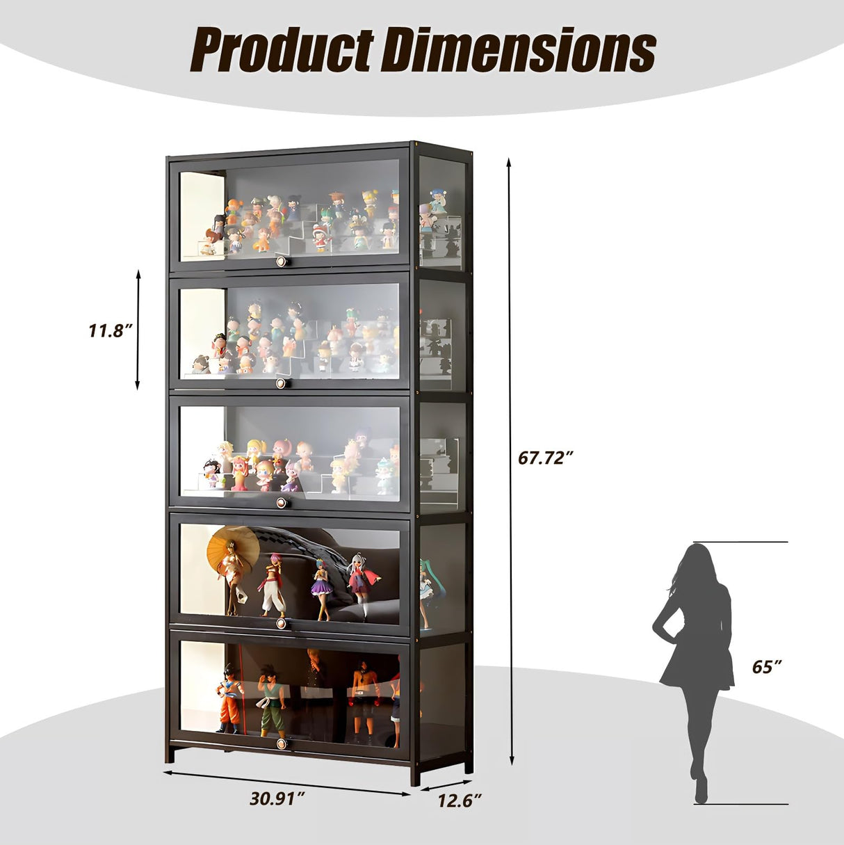 Orixal Display Cabinet with Acrylic Glass Doors, 5-Tier Transparent Bamboo Curio Display Case for Figures, Display Shelves for Collectibles & Toy Cabinet for Home, Office, Playroom, Living Room Orixal