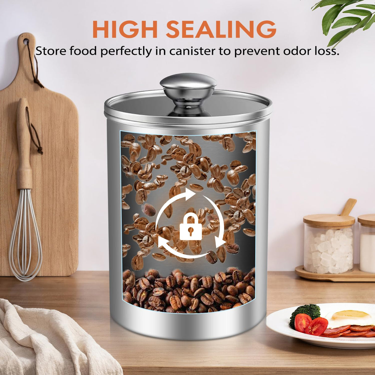 ENLOY Canister Sets for Kitchen Counter, 3 Piece Stainless Steel Food Storage Container with Clear Glass Lids for Coffee, Tea Organizers, Sugar Canister, Flour Canister Set of 3, 88/61/29 oz ENLOY