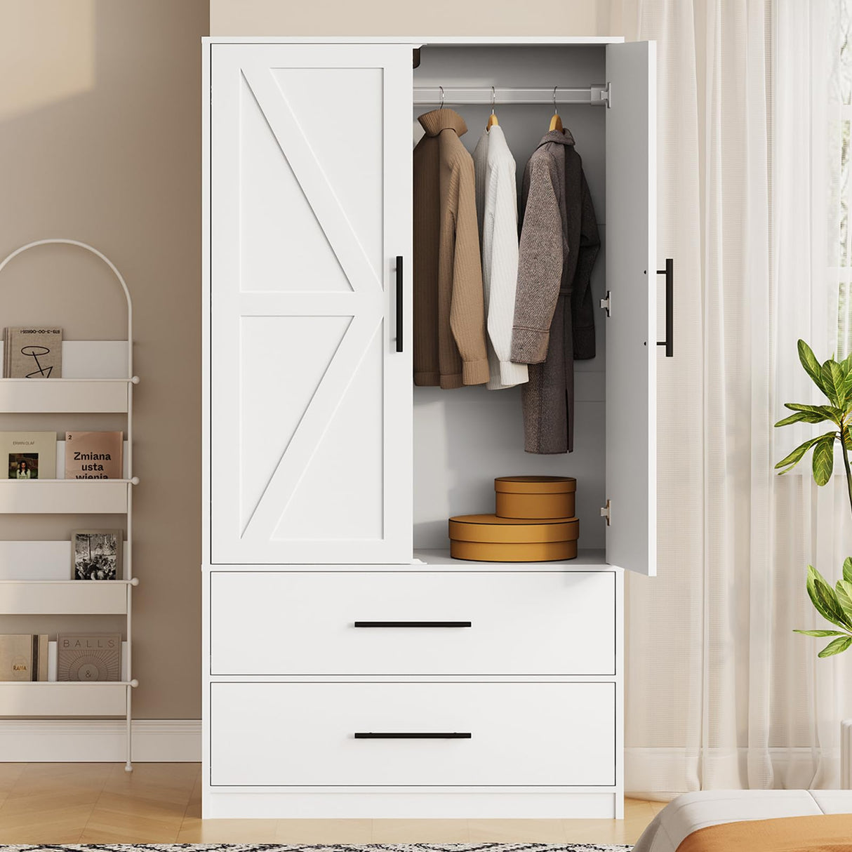 HOOBRO Armoire Wardrobe Closet with 2 Drawers, 70.9" Tall Wardrobe Cabinet with Hanging Rod, 2 Doors Bedroom Armoires, Farmhouse Clothing Storage Cabinet, Wooden Armoire for Bedroom, White HOOBRO