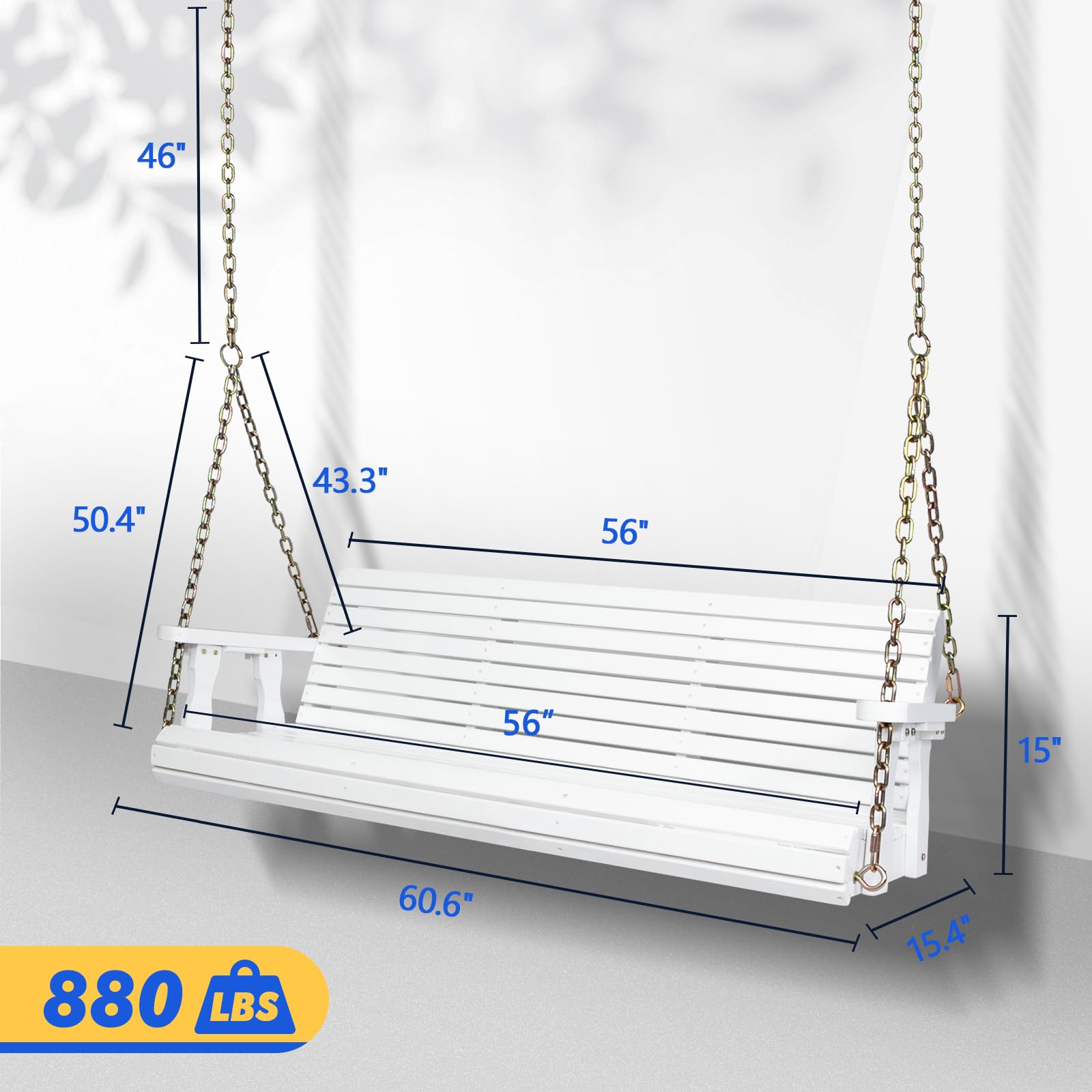 VINGLI Upgraded Patio Wooden Porch Swing for Courtyard & Garden, Heavy Duty 880 LBS Swing Chair Bench with Hanging Chains for Outdoors (5 FT, White) - WoodArtSupply