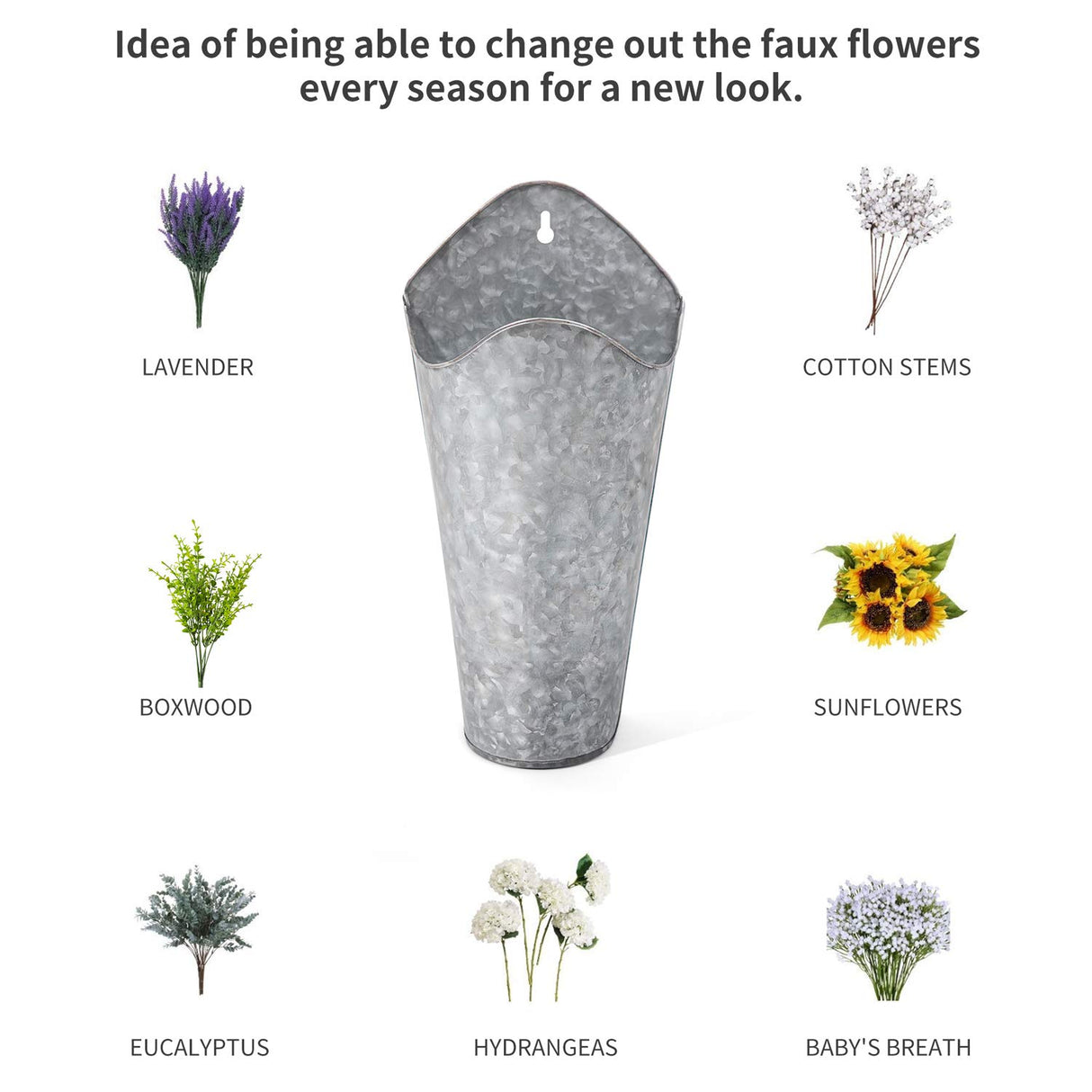 Dahey 2 Pack Galvanized Metal Wall Planter with Artificial Eucalyptus Farmhouse Decor Hanging Wall Vase Planters Flowers Holder for Country Rustic Home Wall Decor,Silver Dahey