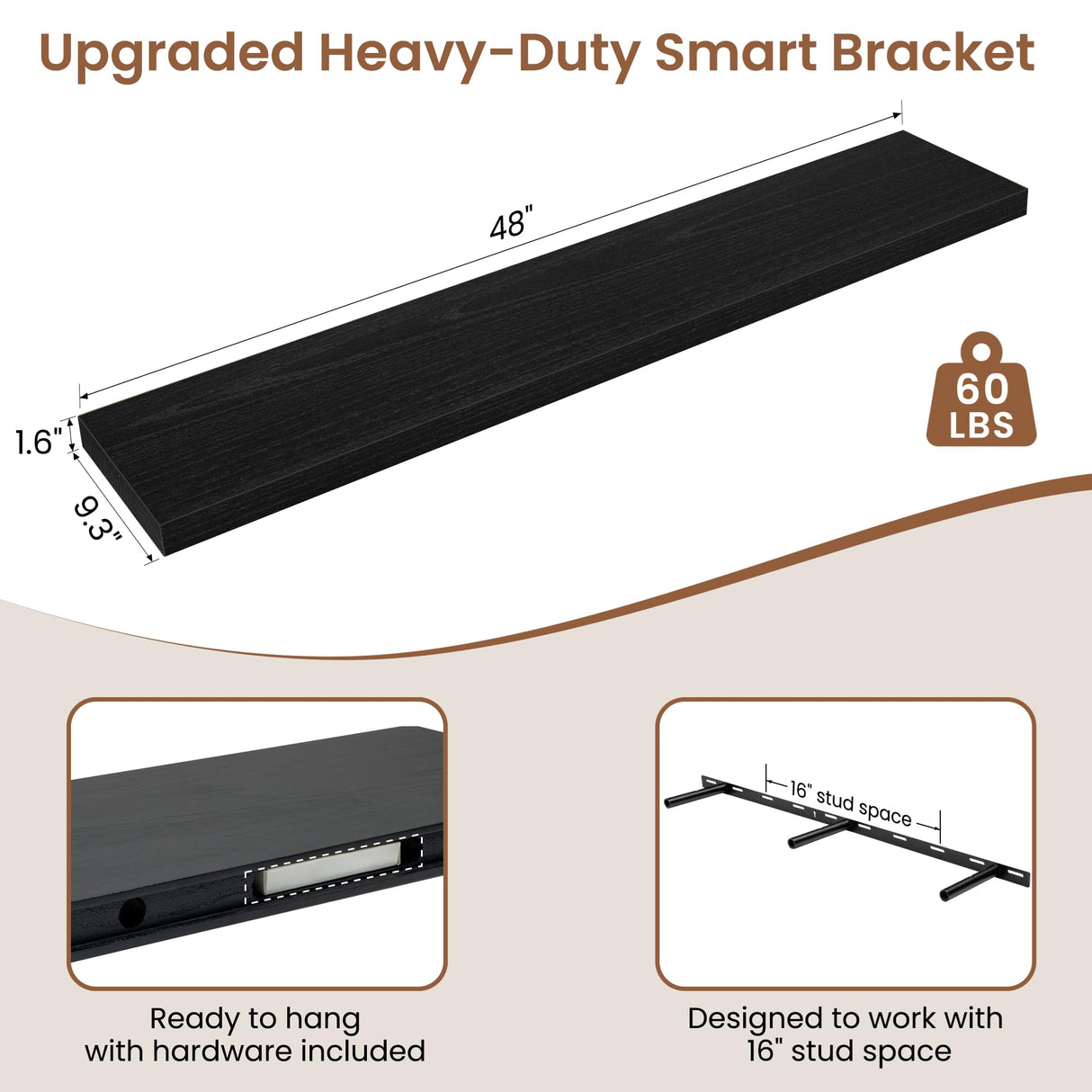 Fun Memories Floating Shelves 48 Inch Long, 9.3 Inch Deep Wall Shelf Fireplace Mantel, Rustic Farmhouse Solid Wood Shelves for Wall Decor Bathroom, Kitchen, Office, Black, Set of 1 Fun Memories