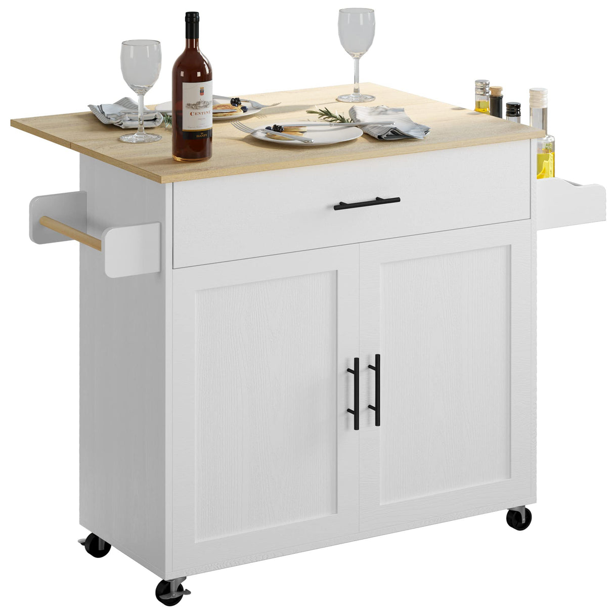 IRONCK White Rolling Kitchen Island with Drop Leaf, Storage Cabinet, and Spice Rack IRONCK