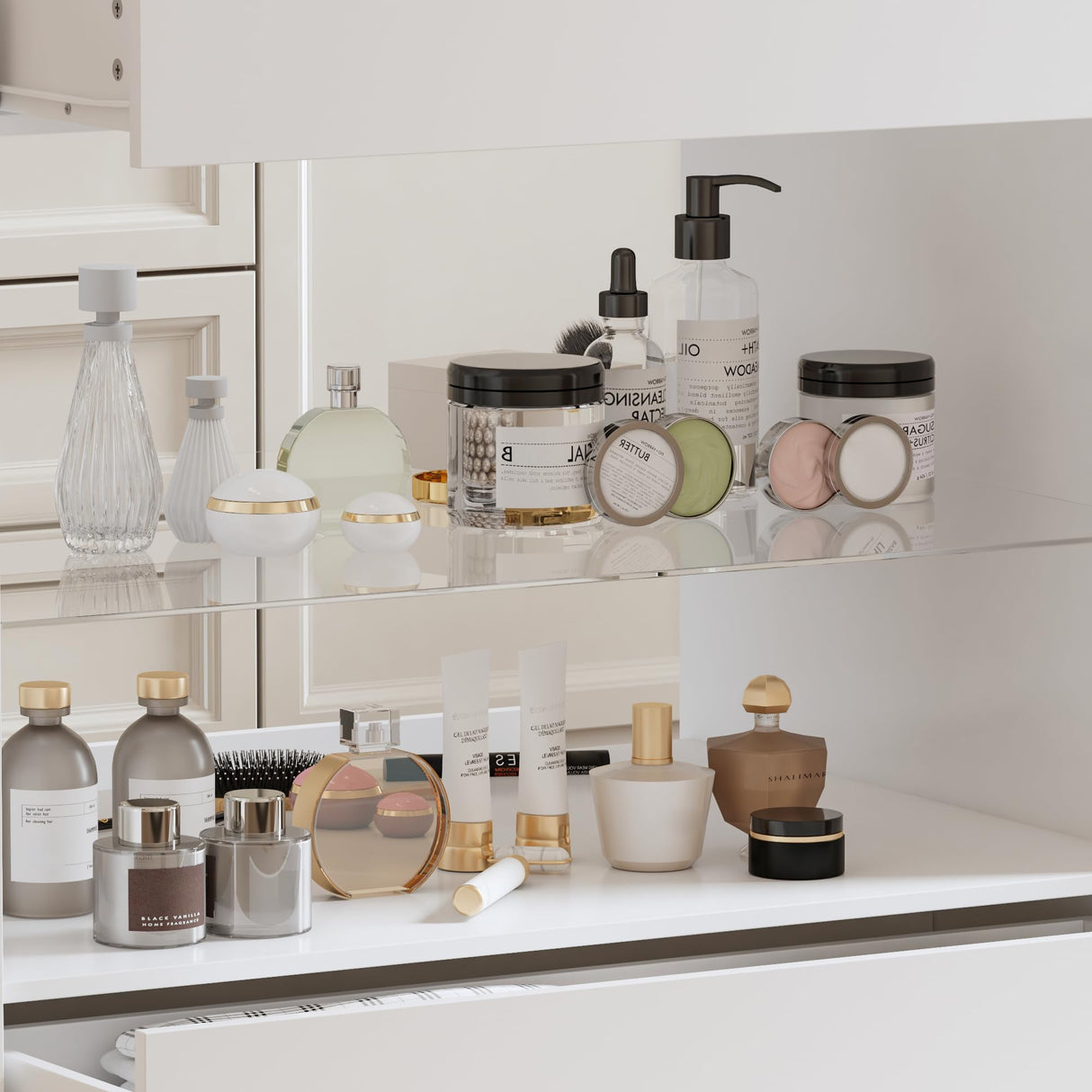 FUFU&GAGA Closet Island with Glass Top & 8 Drawers for Walk in Closet, Jewelry Display Cabinet Island with Glass Shelf, for Store Dressing Room Shop, 47.2”W x 23.6”D x 31.5”H FUFU&GAGA