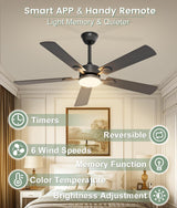 JOFIOS Ceiling Fans with Lights,52 inch Ceiling Fan with Light and Remote,Reversible,3CCT,6 speeds,Dimmable,Noiseless,Black Ceiling Fan for Bedroom, Kitchen,Living Room JOFIOS