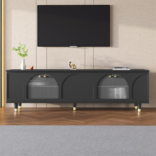 CuisinSmart TV Stand for TVs Up to 78'', Functional Entertainment Center, TV Cabinet, with Fluted Glass Doors, Cable Hole, TV Console, Sturdy Wooden Frame, Easily Assemble, TV Cabinet Black