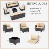 Gotland 9 Pieces Patio Furniture Set with 1 Coffee Table, Wicker Outdoor Sectional with 29.5'' High Backrest Thick Waterproof Cushions, Conversation Sets in 4 Combinations for Deck Pool Khaki Gotland