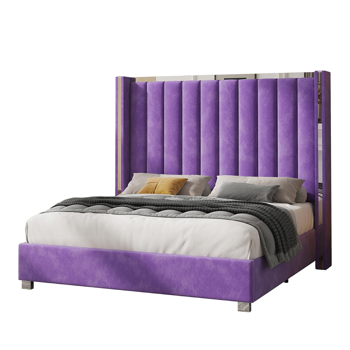 Jocisland King Size Bed Frame with 58" Tall Headboard, Velvet Upholstered Platform Bed with Channel Tufted Wingback Headboard and Plating Trim, No Box Spring Needed, Purple Jocisland