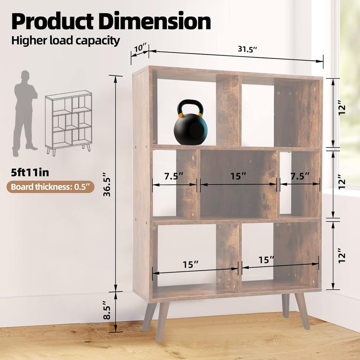 Mid Century Modern Bookshelf – 7 Cube Retro Bookcase, 3 Tier Open Shelf Mid Century Book Shelf, Walnut Dark Wood Rustic Bookshelves for Living Room Bedroom, Sturdy Wooden Bookcase TooCust
