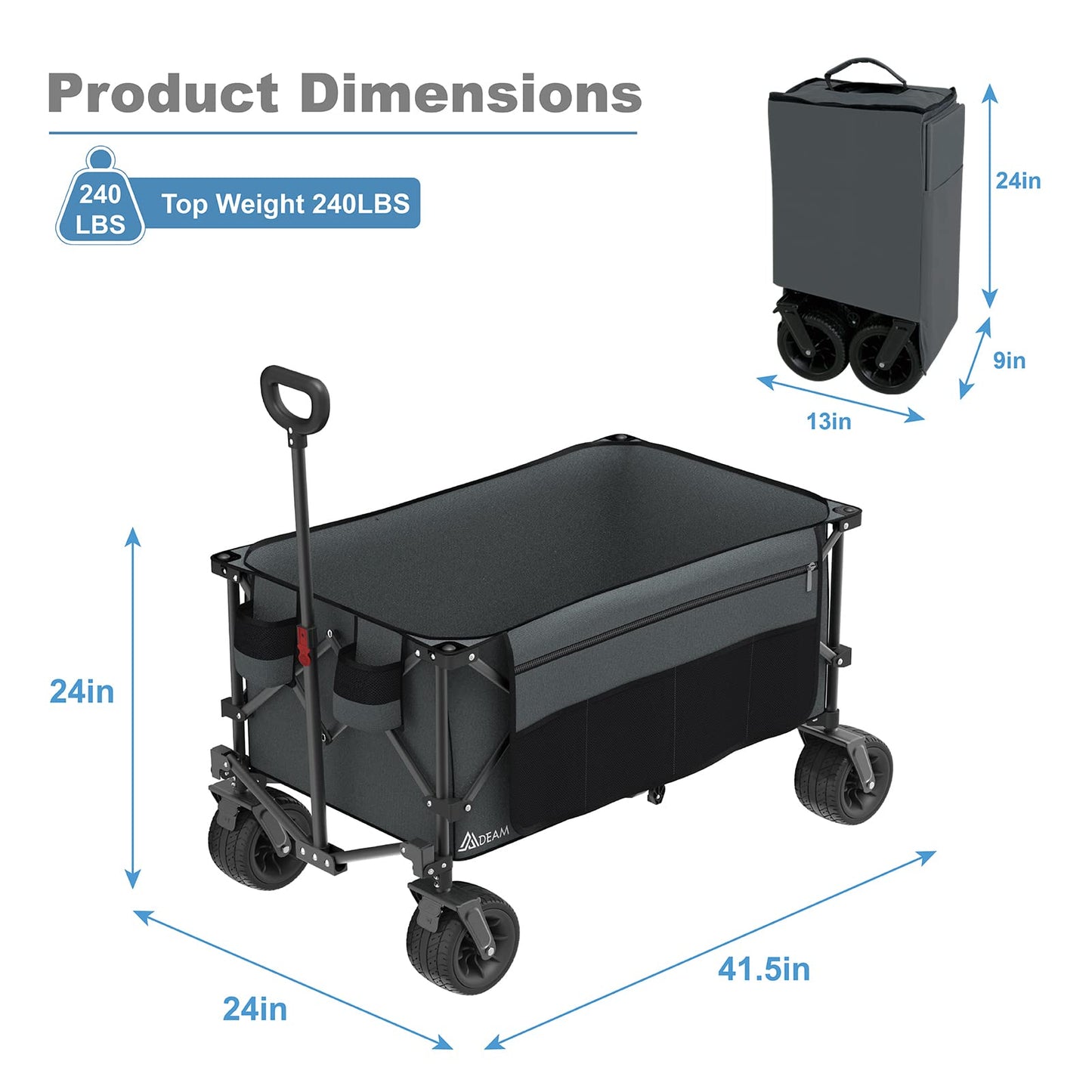 Mdeam 220L Collapsible Foldable Wagon, Heavy Duty Folding Utility Cart with Big All-Terrain Beach Wheels, Cup Holders, Side Pockets and Adjustable Handle for Camping, Garden, Sports, Shopping (Grey)