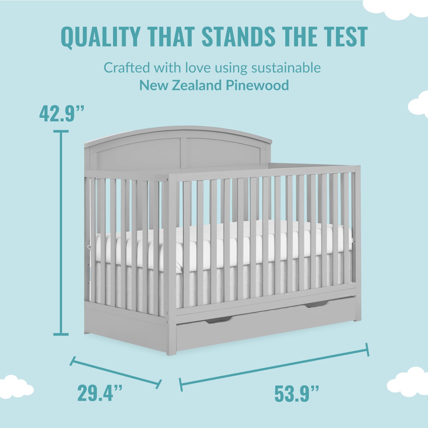 Dream On Me Storybrooke 5 in 1 Convertible Crib with Under Drawer in Pebble Grey, JPMA & Greenguard Gold Certified, Made of Sustainable Pinewood, Non-Toxic Water-Based Paint Finish - WoodArtSupply