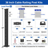 BLIKA Complete Set 36" Cable Railing Post Kit(Post 35"x2"x2"), Black Level Drilled Cable Railing Post, Swageless Deck Railing System Kit Include 4Pack Level Posts,1/8" Stainless Cable(No Handrail) BLIKA
