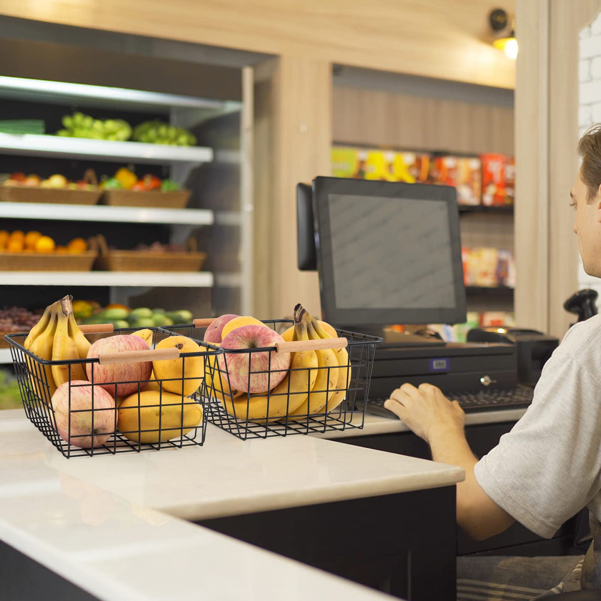 Wire Basket 2 Pcs Wire Storage Baskets Wire Baskets Organizing with Wooden Handles Wire Basket Pantry Organization and Storage Metal Wire Food Storage Basket for Kitchen, Cabinets (Black 2PCS) ELEATTRUN