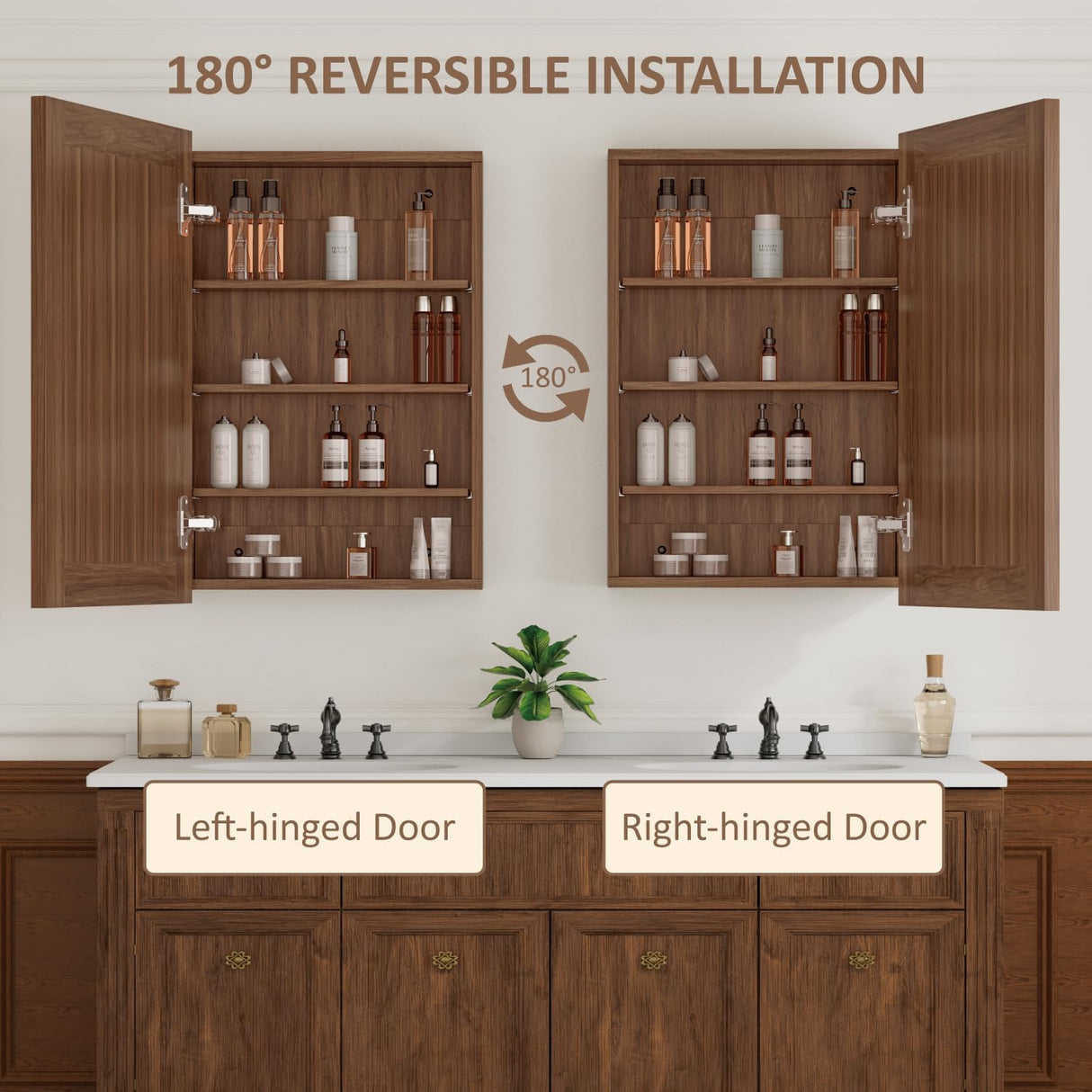 24 x 30 Inch Walnut Grain Medicine Cabinet with Mirror, Recessed or Wall-Mounted Wood Storage Cabinet for Bathroom, Adjustable Shelves, Soft-Close Hinges, Rectangle Buruis