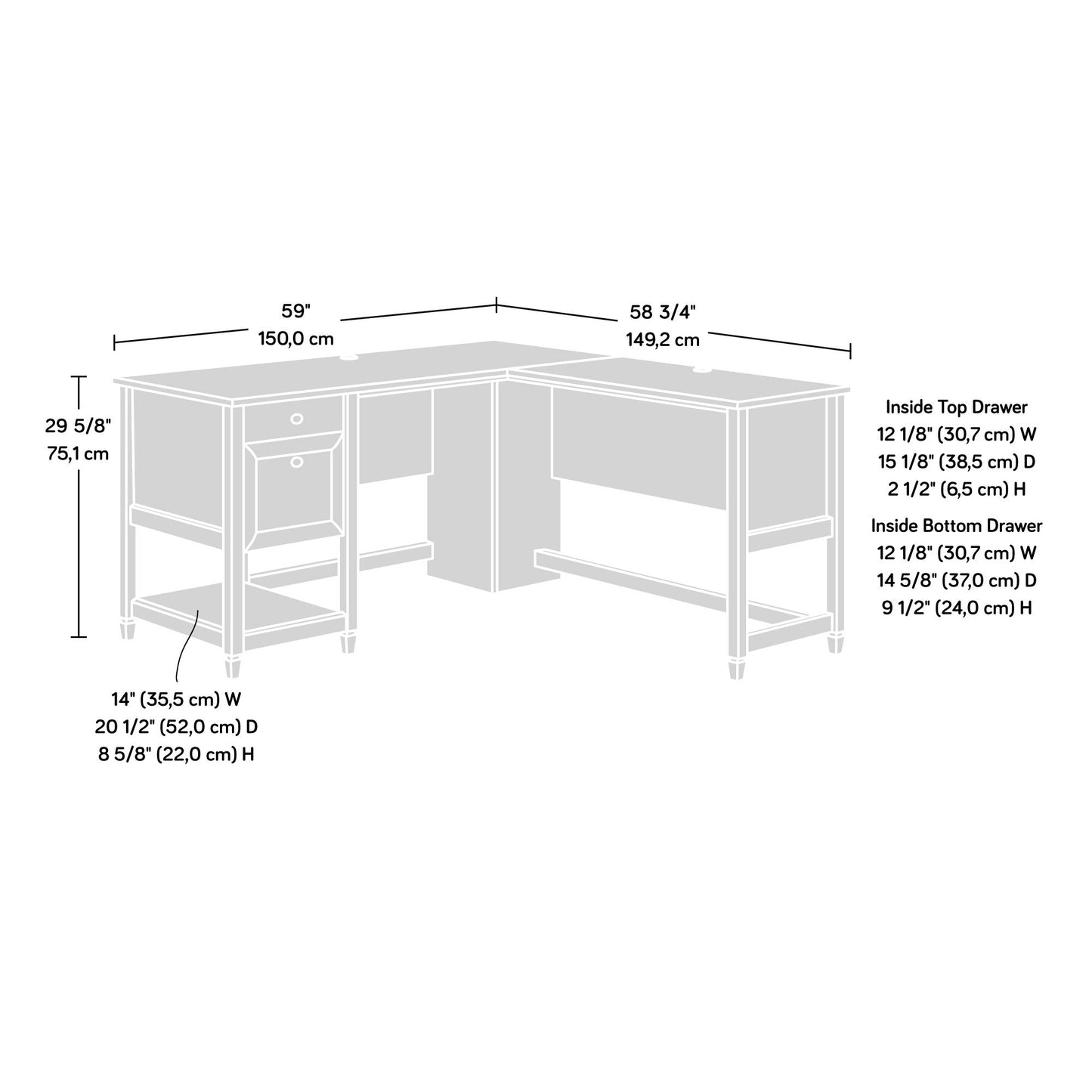 Sauder Edge Water L-Desk, L: 59.06" x W: 58.74" x H: 29.57", Chalked Chestnut finish - WoodArtSupply