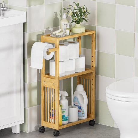 AmazerBath Slim Toilet Paper Holder with Storage Shelf Bamboo - Small Bathroom Storage Cabinet Next to Toilet, Skinny Shelf for Small Spaces, 3 Tier Rolling Stand for Bathroom Kitchen, Natural Color AmazerBath