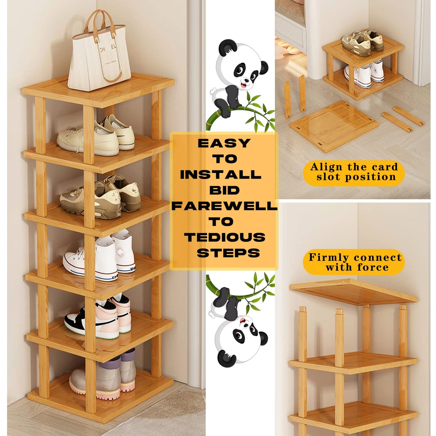 Bamboo Shoe Rack - Vertical Shoe Rack for Small Spaces, Tall Narrow Shoe Rack Organizer for Closet Entryway Corner Garage and Bedroom,Skinny Shoe Shelf Free Stackable DIY - Space Saving Storage